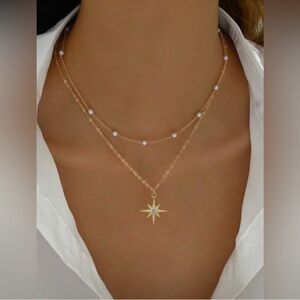 Gold Faux Pearl & Rhinestone Star Layered Necklace | Dainty Celestial Glow